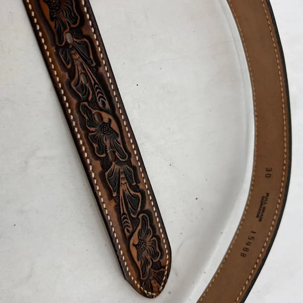 Vintage Western Belt Mens 30 Brown Floral Embossed Cowhide Bull Rider Cowboy